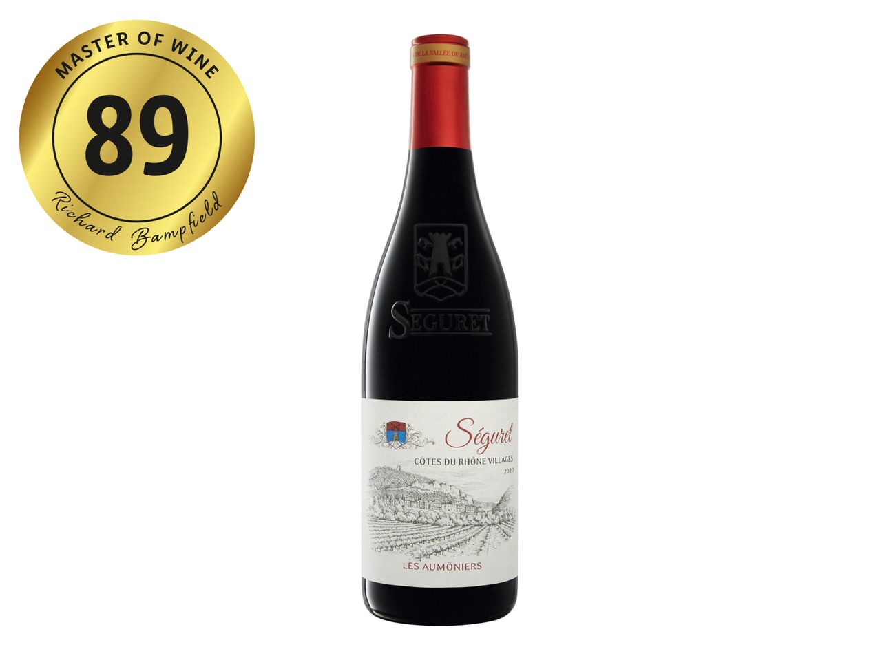 Séguret Côtes du Rhône Villages 2020 red wine bottle with an 89-point Master of Wine rating.