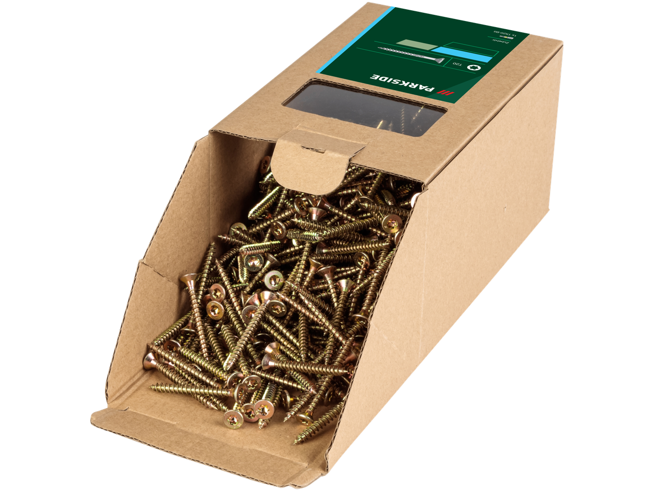 Parkside® Chipboard Screws in a cardboard box, with product details on the lid.