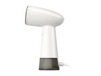 A white handheld garment steamer with a dark gray base and cord.