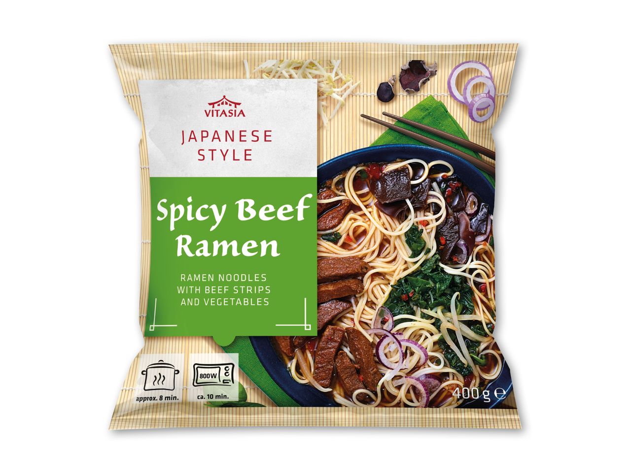Pakke med japansk-inspireret krydret oksekødsramen med nudler, oksekødsstrimler og grøntsager, 400g.