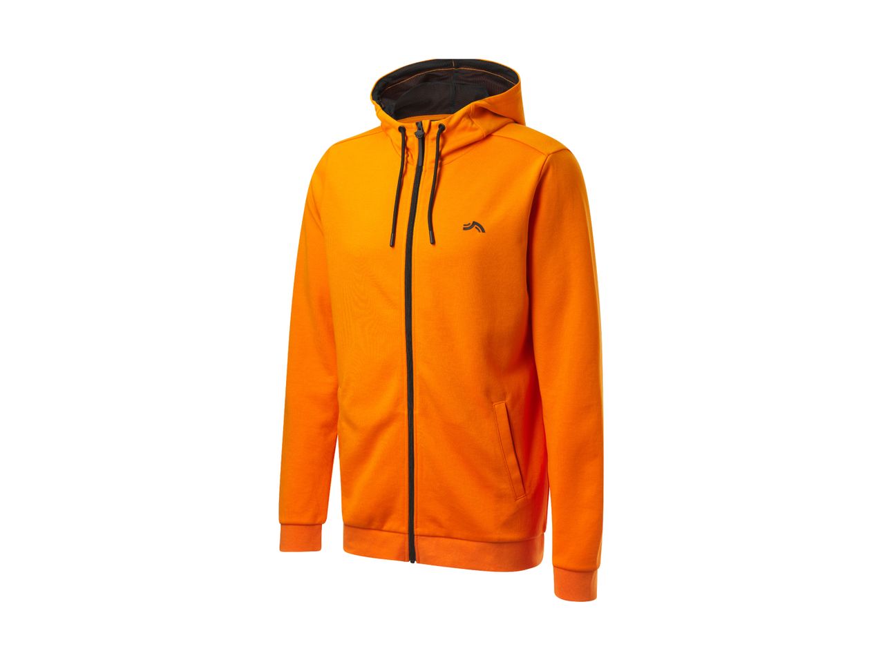 Orange full-zip hoodie with black drawstrings and a small black logo on the chest.