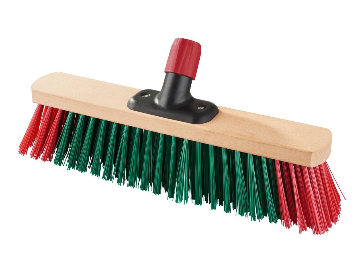 Red and green bristle broom head with a wooden base and black and red handle attachment.
