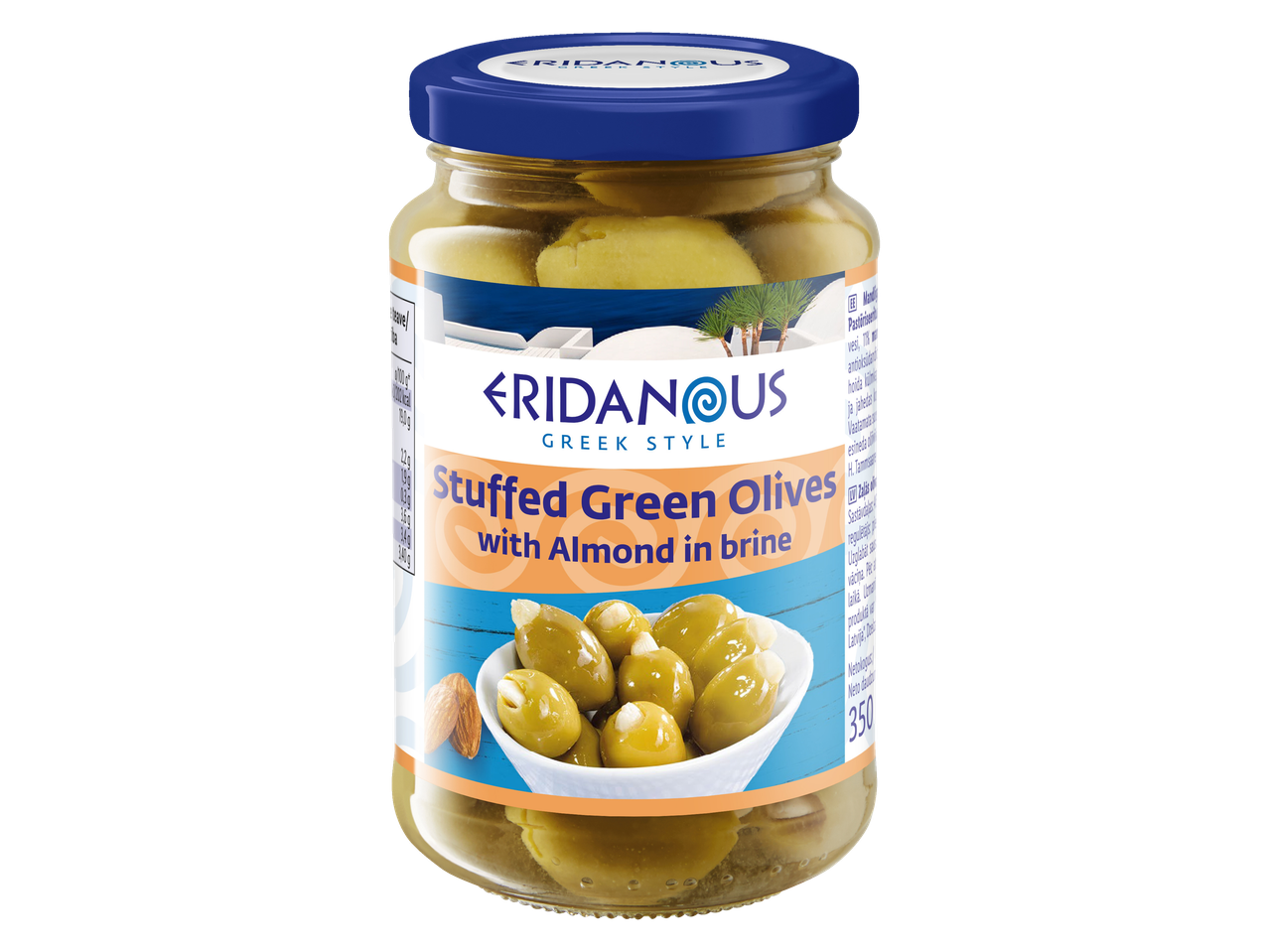 Eridanus Kreeka stiilis mandliga täidetud rohelised oliivid soolvees.