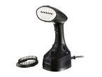 Black handheld garment steamer with a brush attachment on a white background.