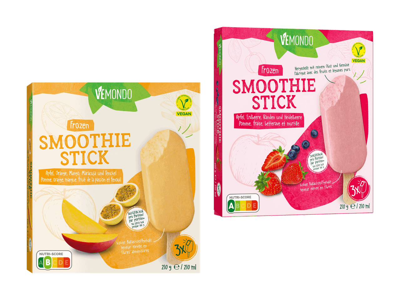Zwei Packungen gefrorene Smoothie-Sticks, eine mit Mango-Maracuja-Geschmack, die andere mit roten Beeren.