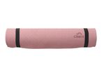 Rolled-up pink yoga mat with a textured surface and black elastic straps.