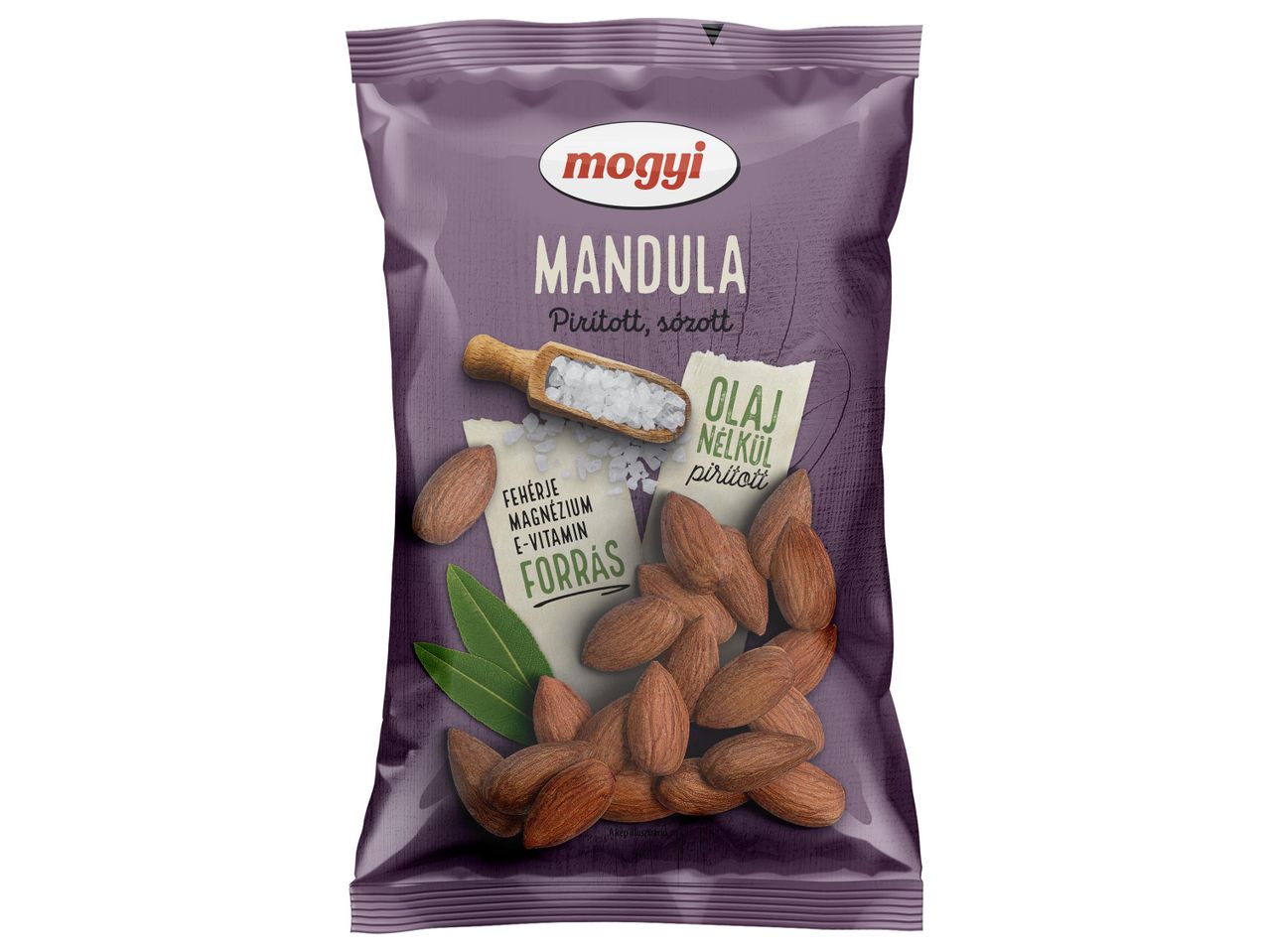 Mogyi mandula pirított, sózott, olaj nélkül piritott, fehérje, magnézium, E-vitamin forrás.