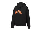 Black hoodie with an orange graphic design on the chest and a front pocket.