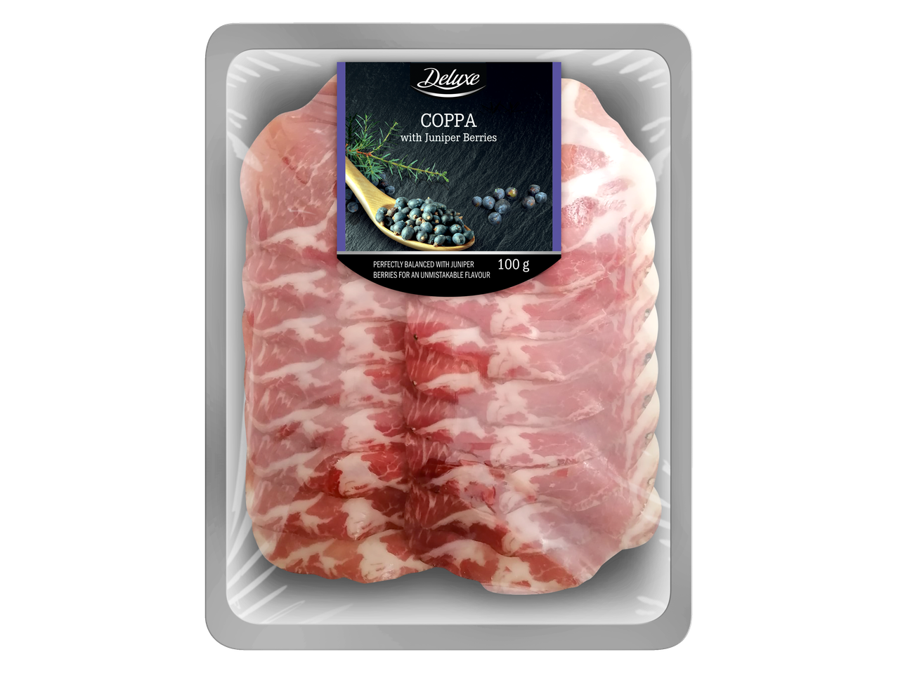 Deluxe Coppa su kadagio uogomis, 100g, skaidriame plastikiniame padėkle.