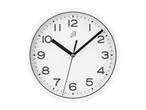 Minimalist white wall clock with black hands.