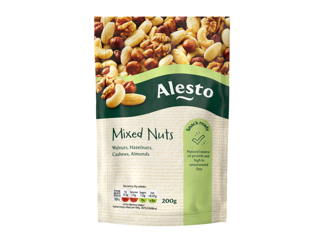 Mixed nuts snack pack with walnuts, hazelnuts, cashews, and almonds, highlighting nutritional info.