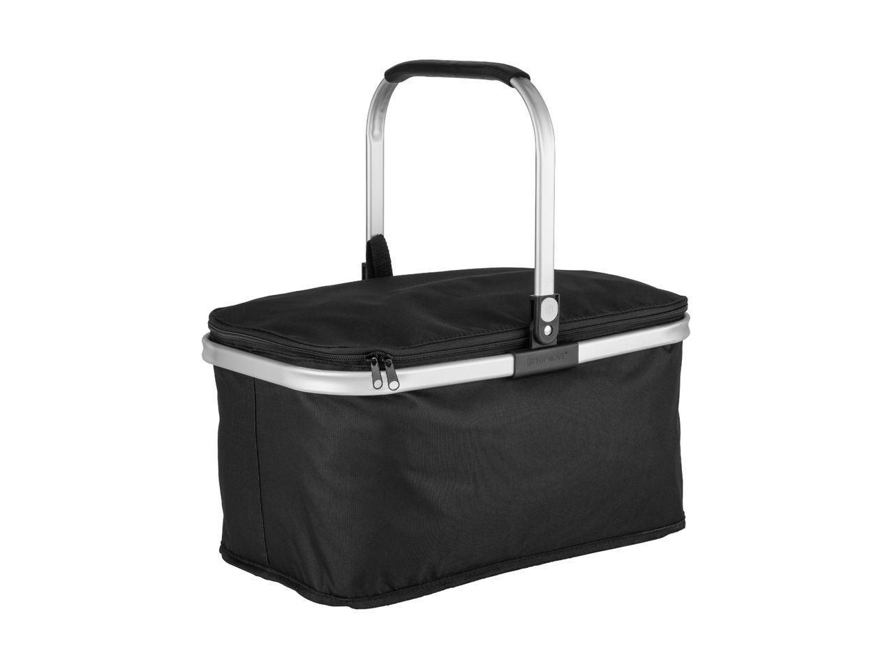 En sort picnic kurv med aluminiums håndtag.