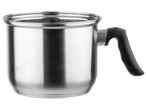 Casserole en acier inoxydable avec poignée noire.