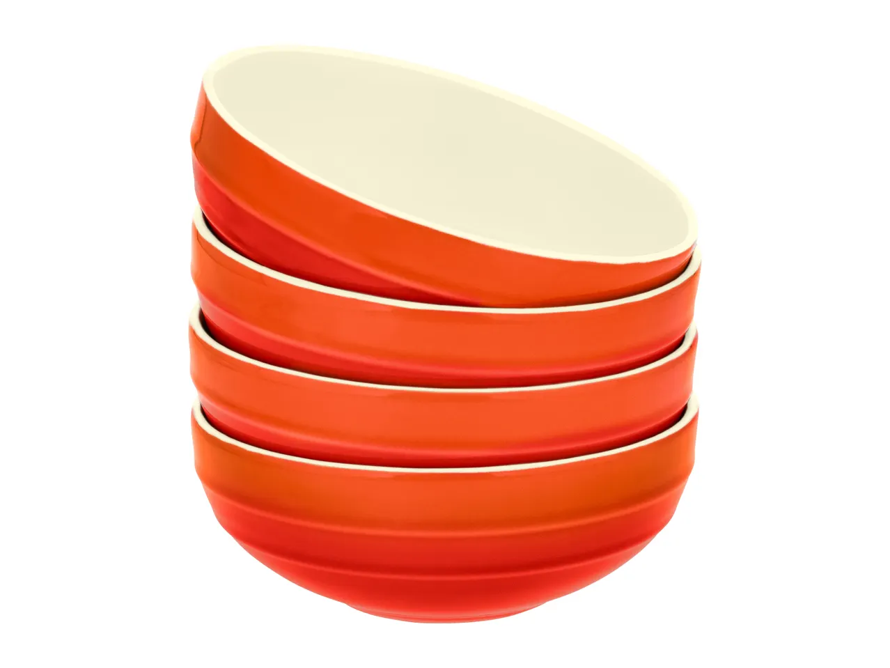 Stack of five orange and red ceramic bowls with cream-colored interiors.