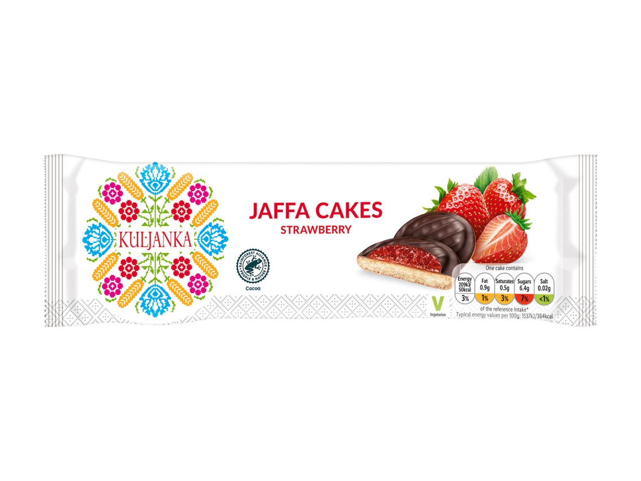 KULJANKA Jaffa Cakes Strawberry: A package of chocolate-covered strawberry cakes with folk-art design.