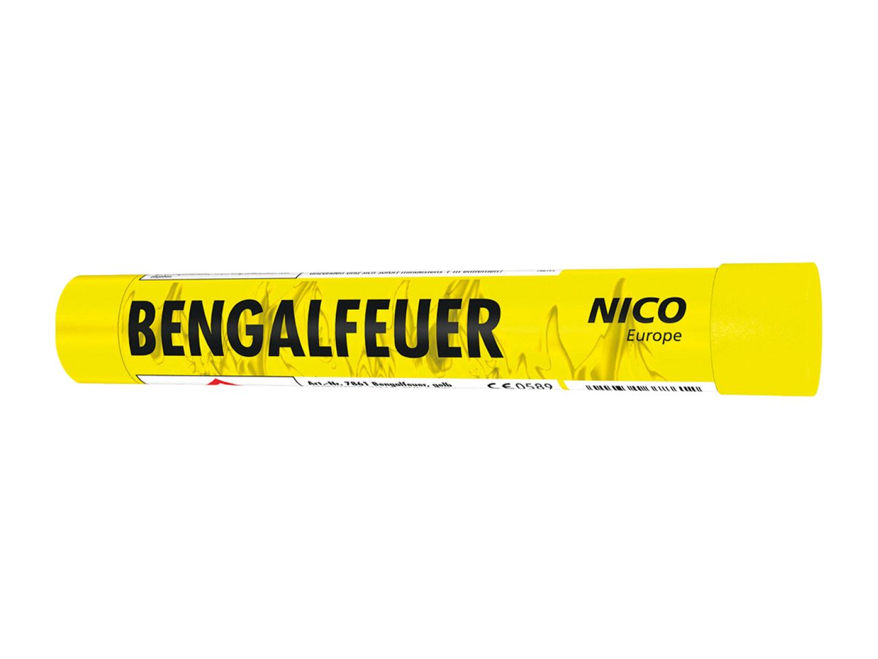 Gelbe Bengalfeuer-Fackel mit schwarzem Text und Barcode
