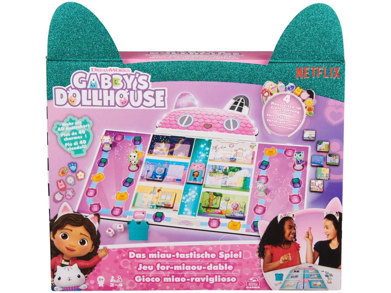 Gabby's Dollhouse board game with characters, accessories, and two children playing.