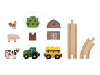 Wooden farm play set with animals, buildings, tractor, wagon, and train tracks.