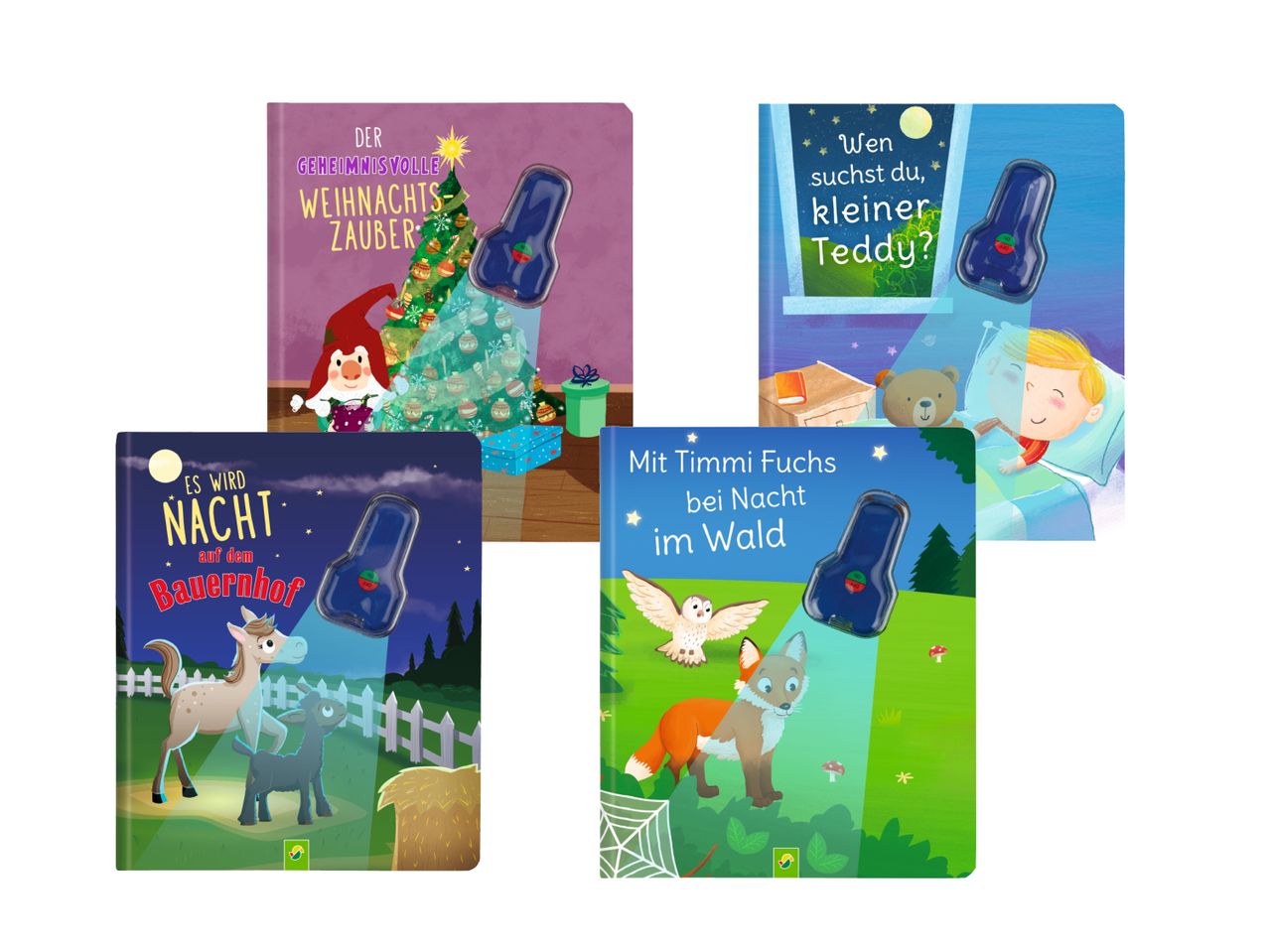 Zweisprachige Bücher mit integrierter Taschenlampe: Weihnachts- und Tiergeschichten.
