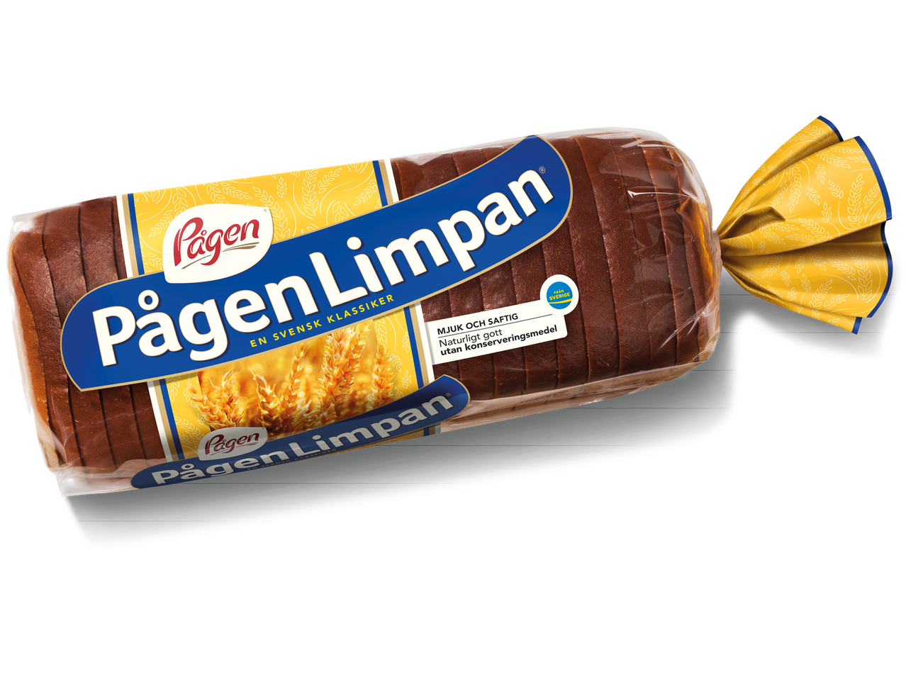 Förpackning med skivat mörkt bröd, märkt 'En svensk klassiker' och 'Mjuk och saftig'.