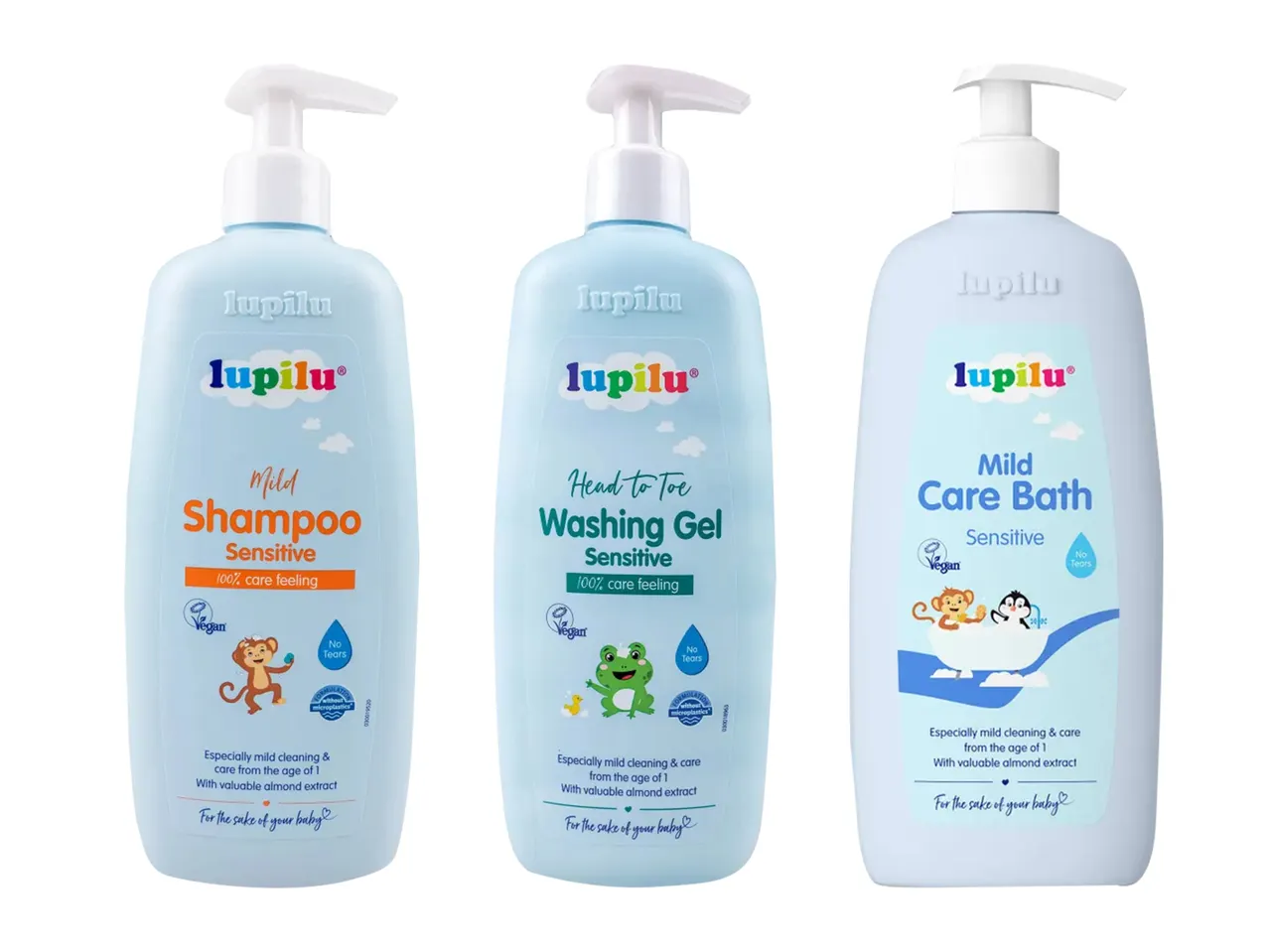Trei produse Igloo pentru baie bebeluși: șampon, gel de spălare și spumă de baie.