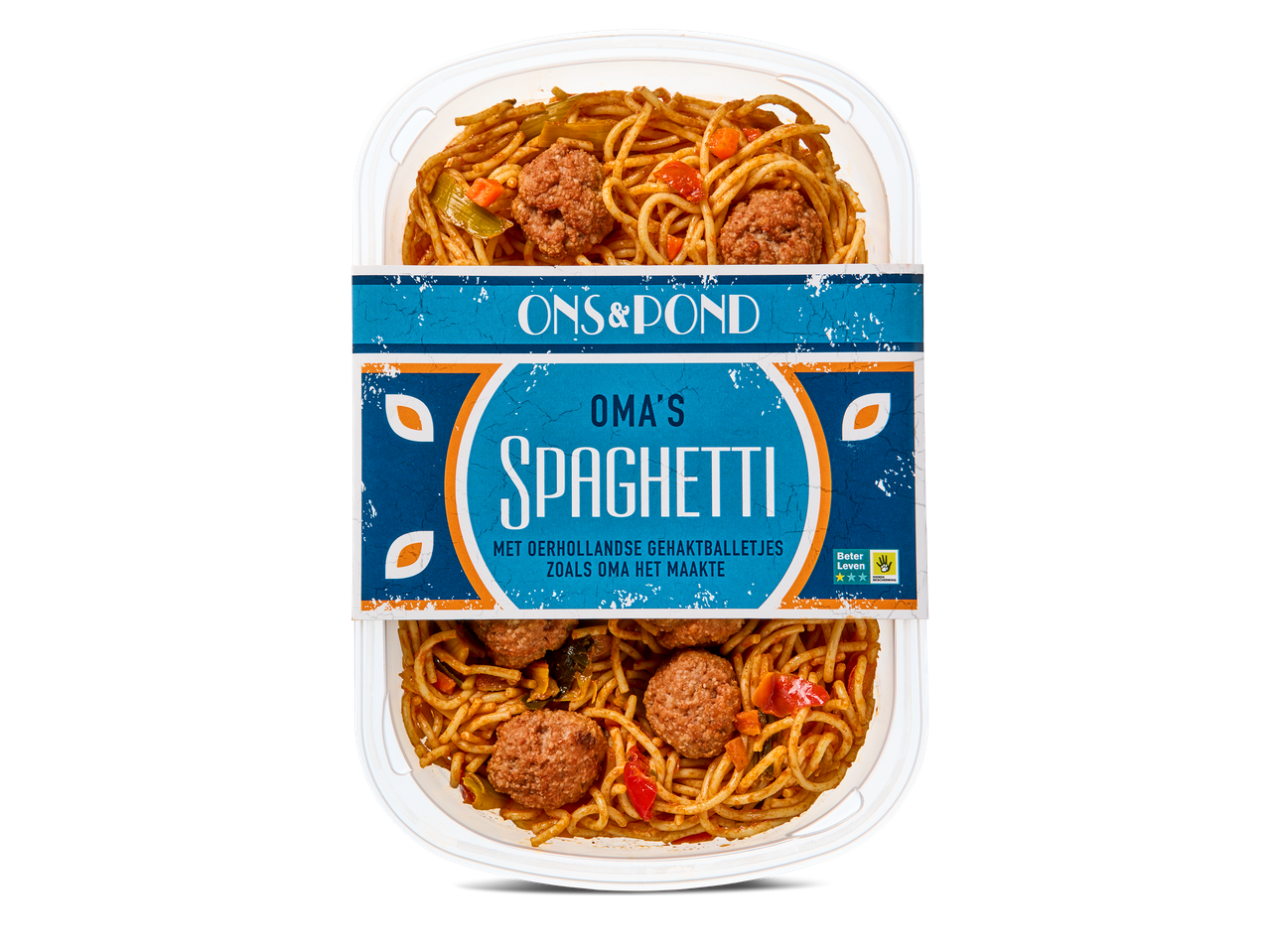 Spaghetti met gehaktballetjes in een plastic bakje, met een blauw etiket met de tekst 'Oma's Spaghetti'.