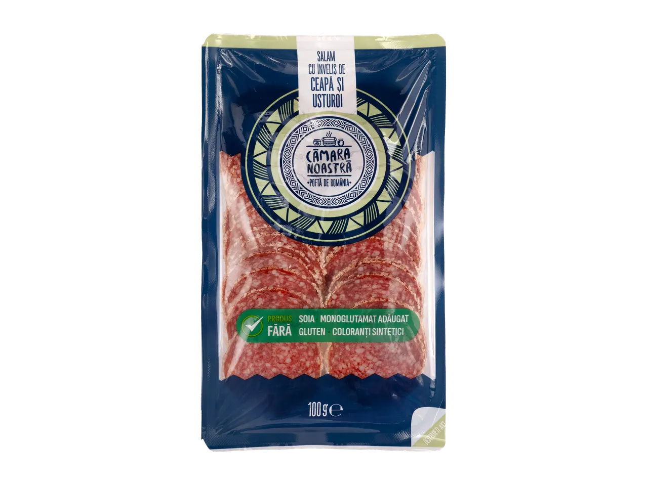 PIKOK Salam cu înveliș de ceapă și usturoi, 100g, fără soia, gluten, monoglutamat adăugat și coloranți sintetici.