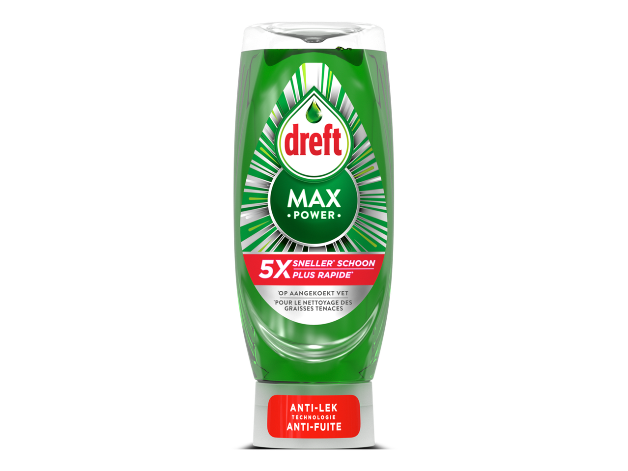 Groene fles afwasmiddel met de tekst 'MAX POWER' en '5x SNELLER SCHOON'.