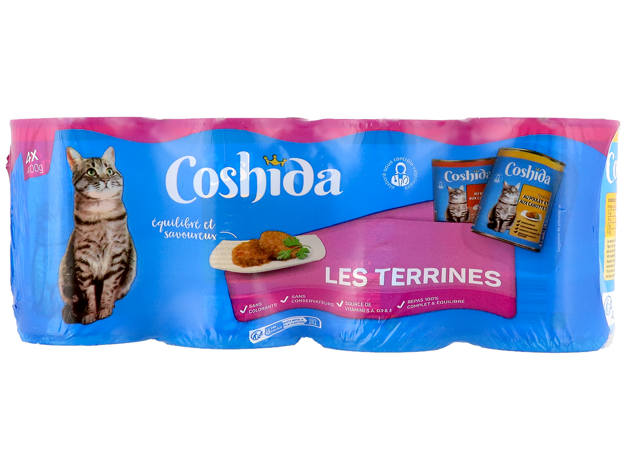 Paquet de 4 terrines pour chats, équilibrées et savoureuses, sans colorants ni conservateurs.