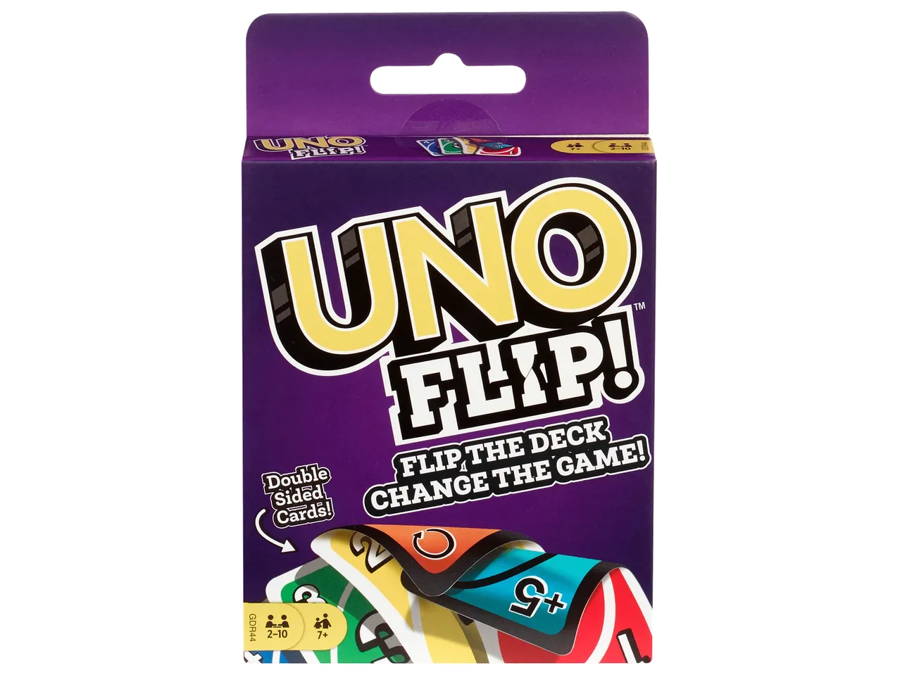 Boîte de jeu de cartes violette avec le texte 'FLIP THE DECK CHANGE THE GAME!'