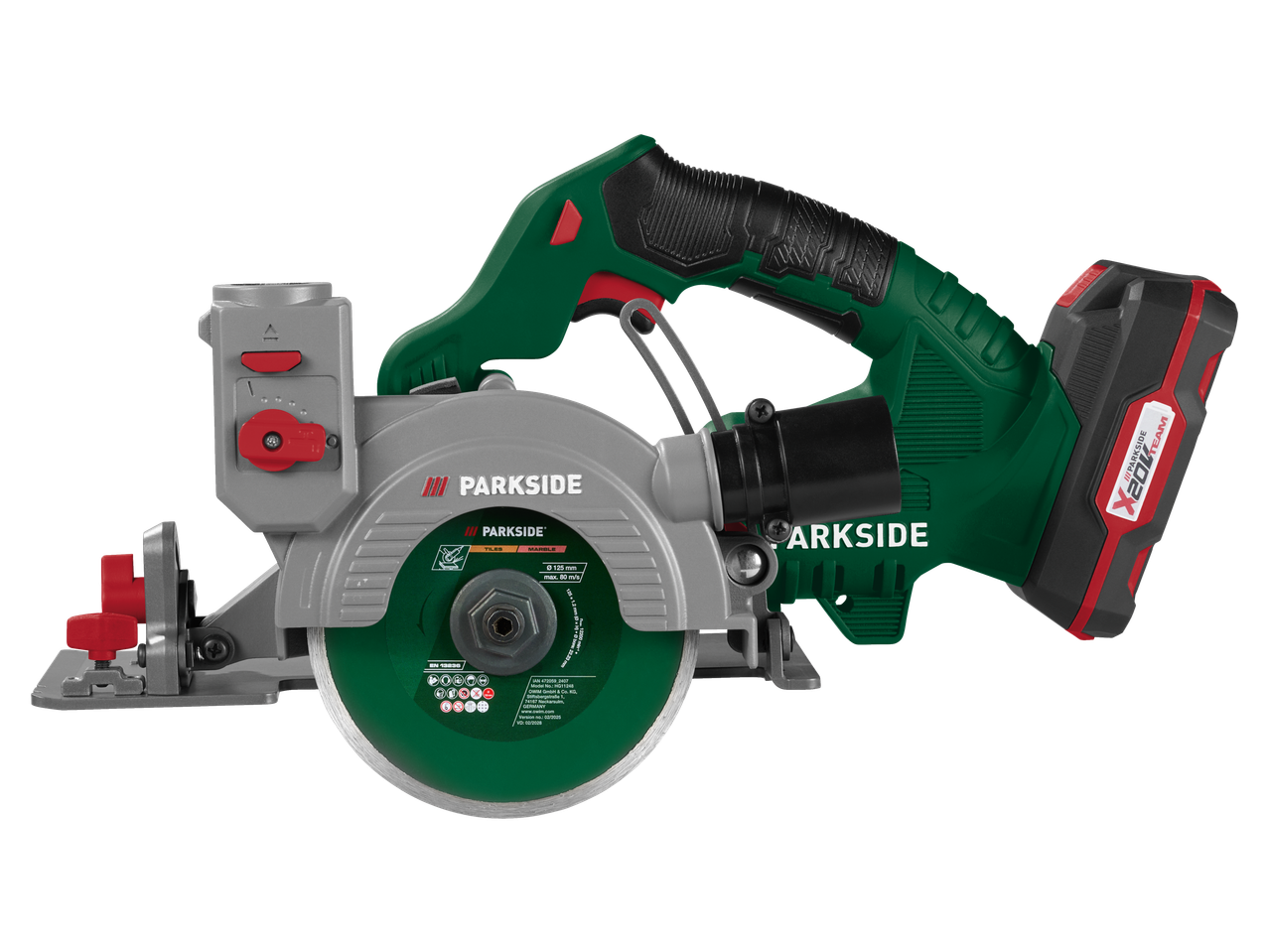 Parkside 20 V bezvadu flīžu griezējs ar 125 mm griešanas disku.