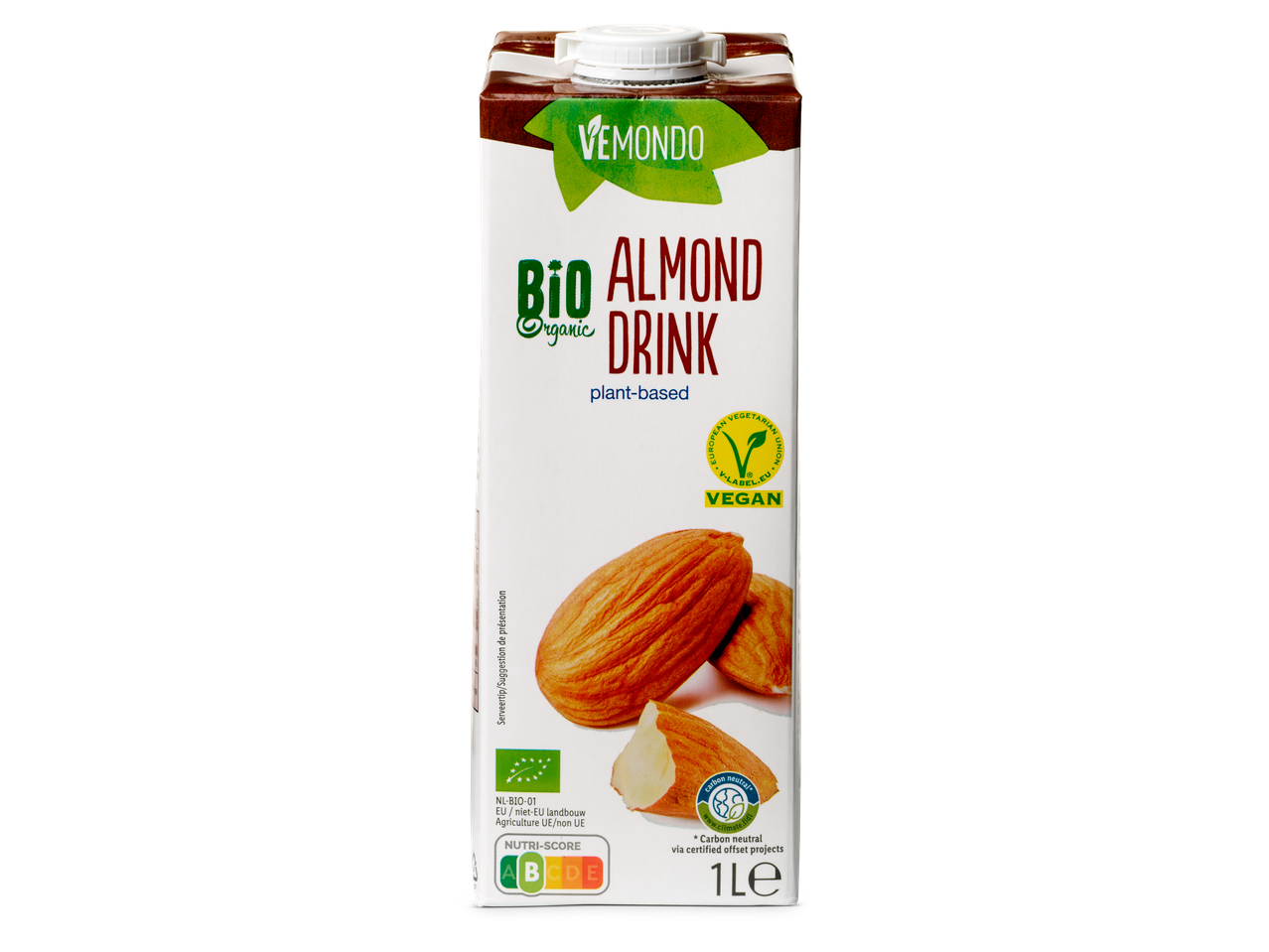 Vemondo Biologische Amandeldrink, plantaardig, 1L pak met Nutri-Score A en klimaatneutraal label.