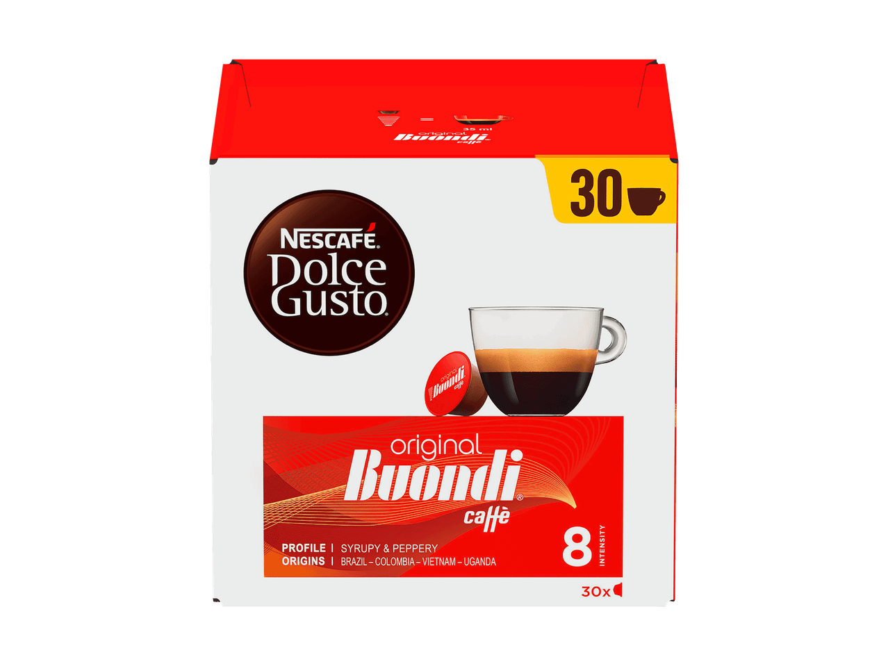 Eine Packung Kaffeekapseln mit 30 Stück, die einen Espresso und eine Kapsel zeigt.