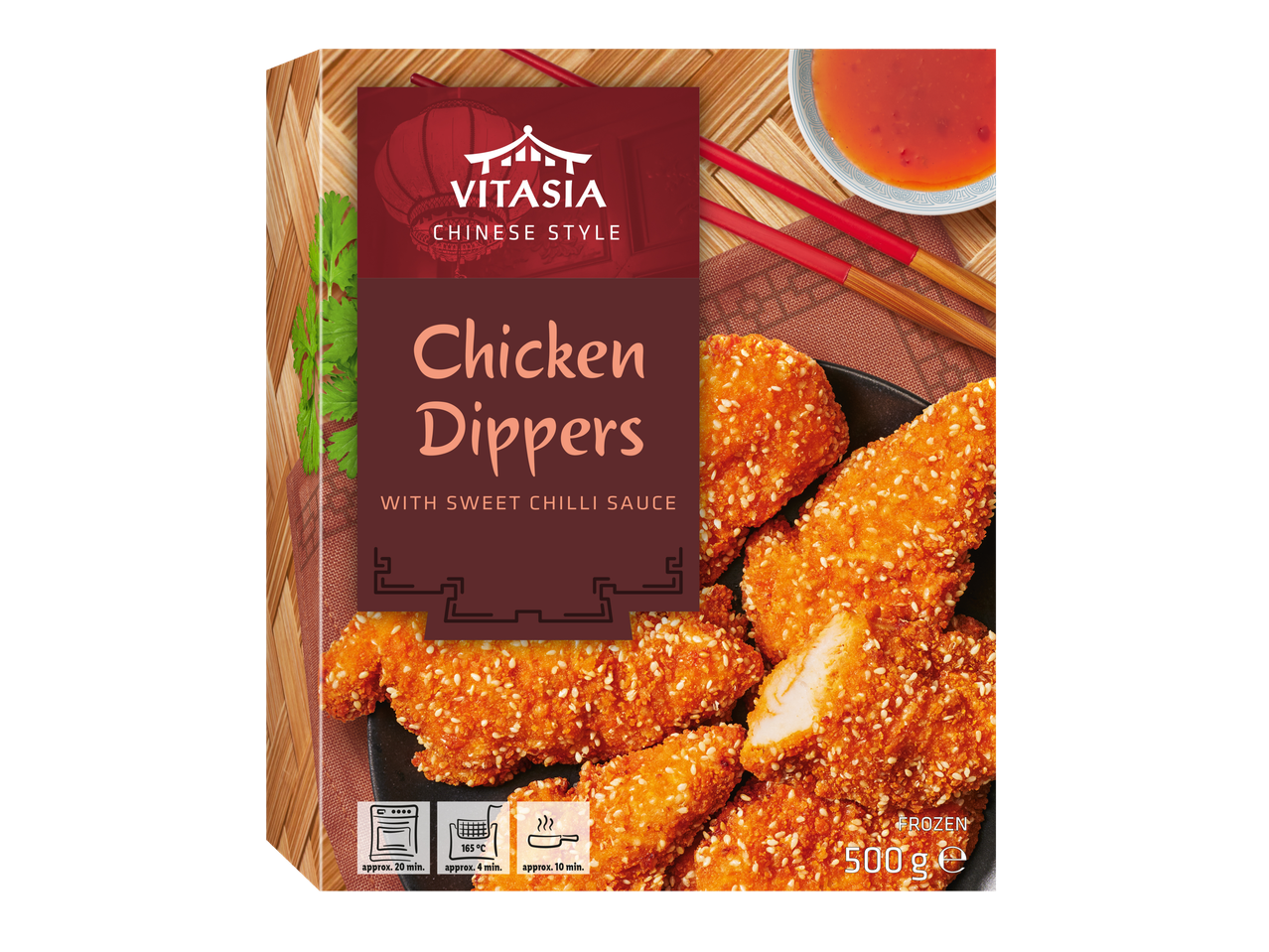Vitasia Chicken Dippers com molho de pimenta doce: Peças de frango congeladas e empanadas.