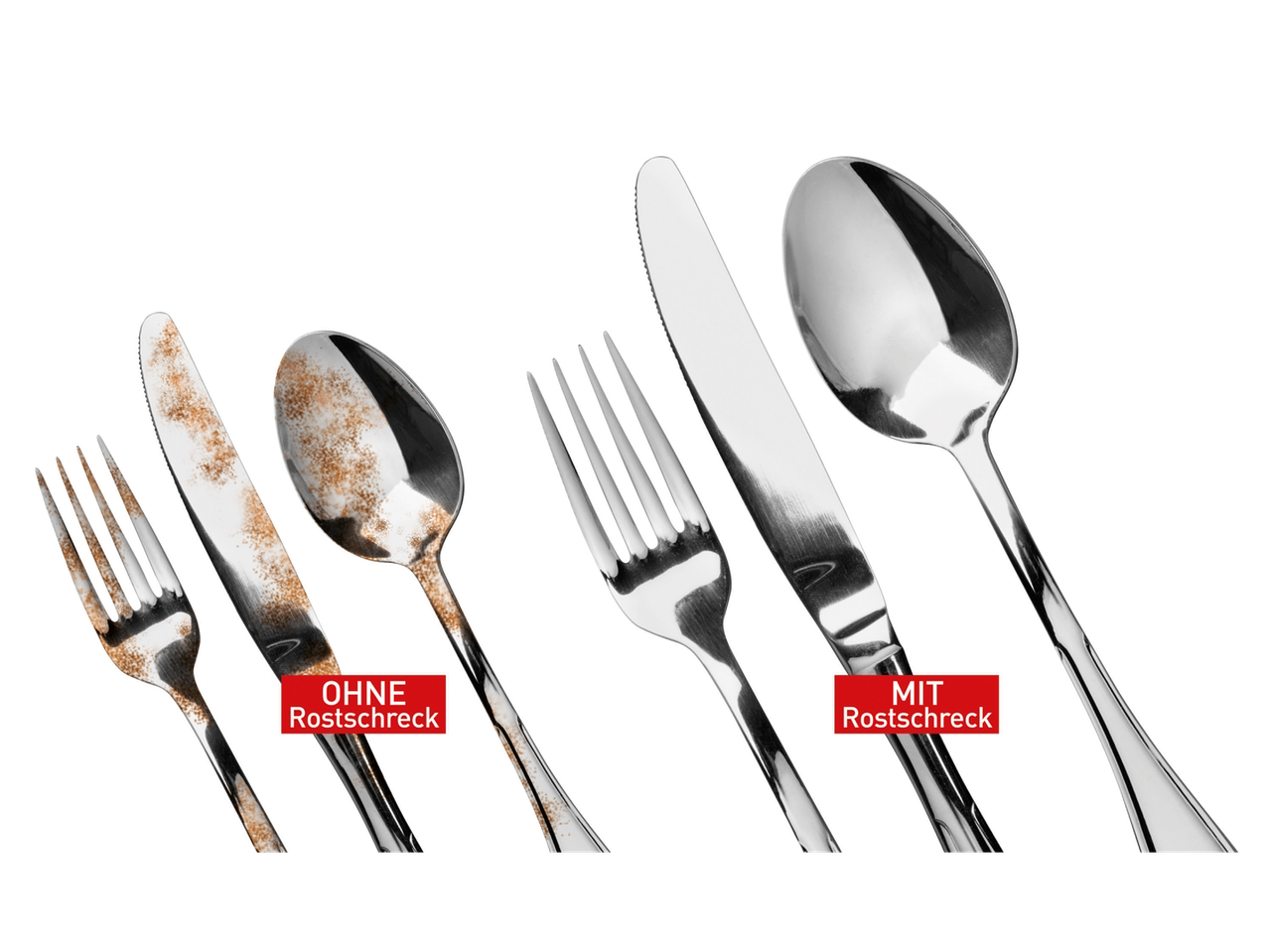 Besteck mit und ohne Rost, das die Wirksamkeit von Rokitta's Rostschreck demonstriert.