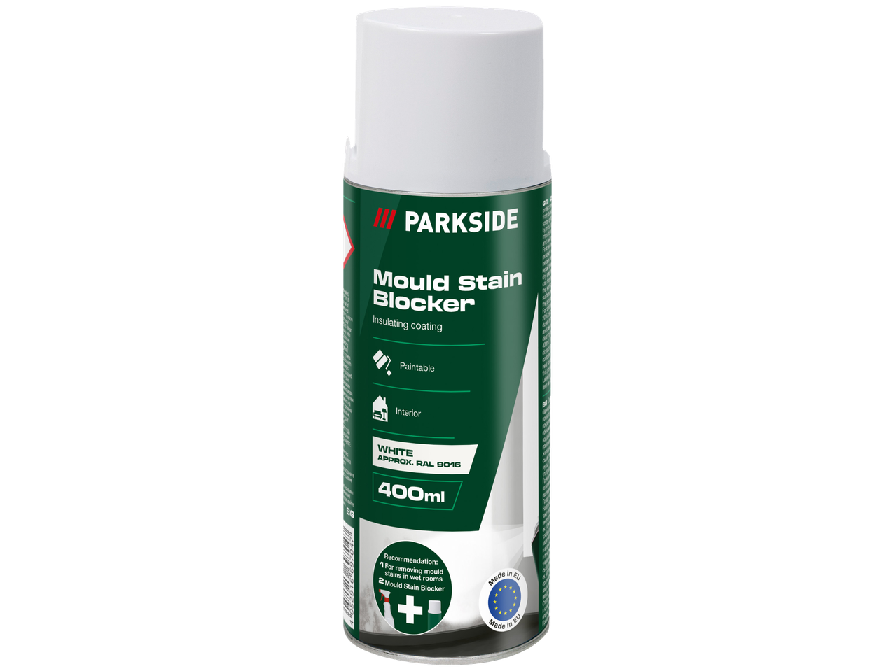 Parkside Mould Stain Blocker spray can, 400ml, white, for interior use.