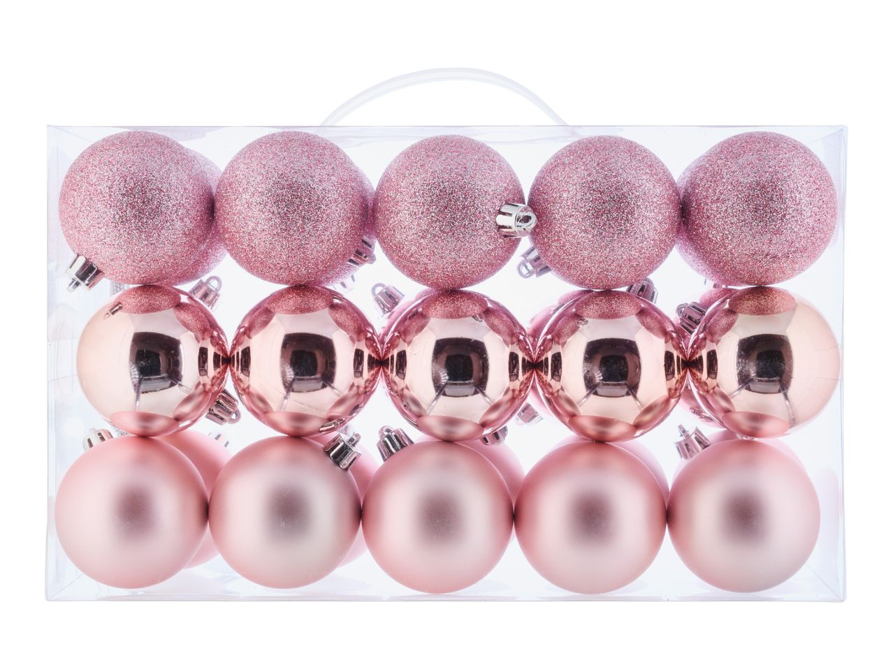 Pink Christmas baubles in a clear plastic box, featuring glitter, shiny, and matte finishes.