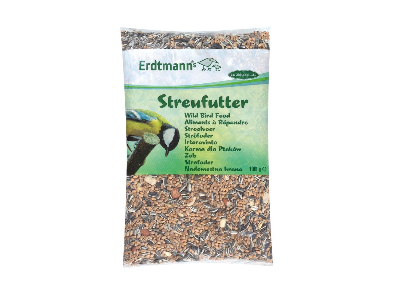 Erdtmanns vildfuglefrø i en gennemsigtig pose med en fugl på etiketten.