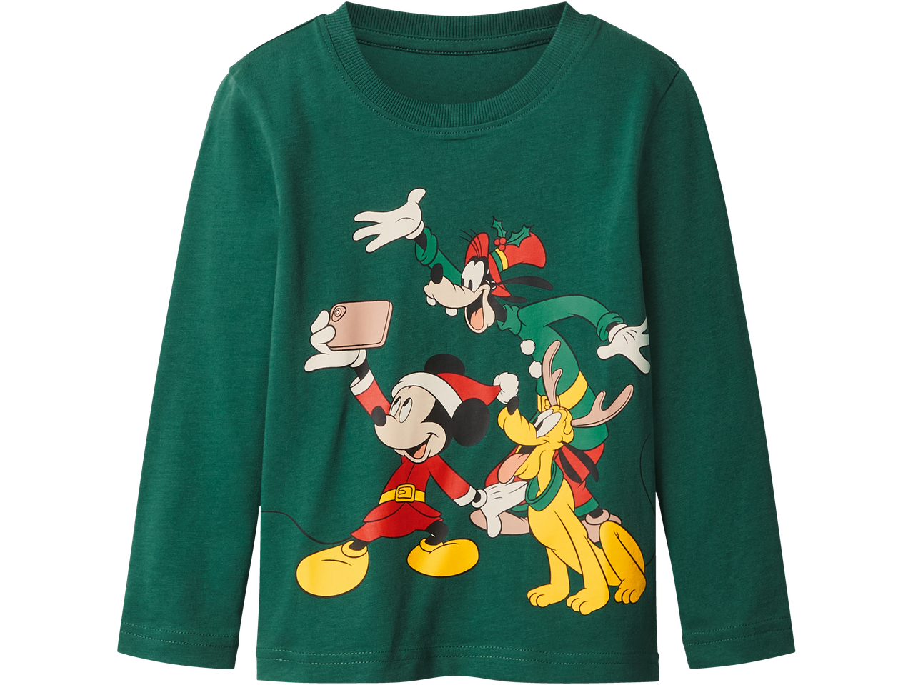 Žali marškinėliai ilgomis rankovėmis su Mikio Peliuko, Gufio ir Plutono kalėdiniais drabužiais.