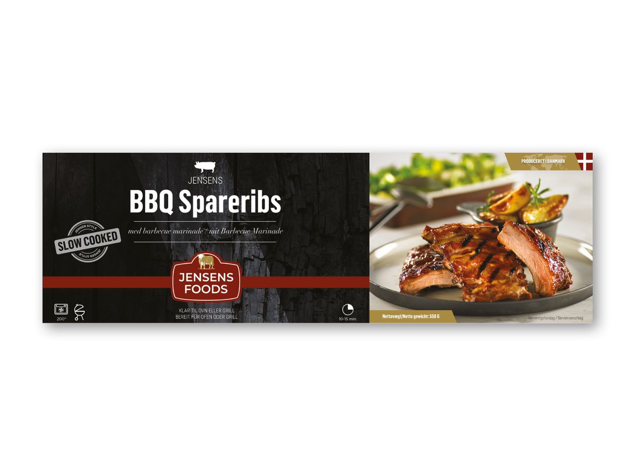 JENSENS FOODS BBQ Spareribs: langtidsstegte spareribs med BBQ marinade, klar til ovn eller grill.