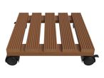 Wooden plant caddy with slatted top and black caster wheels