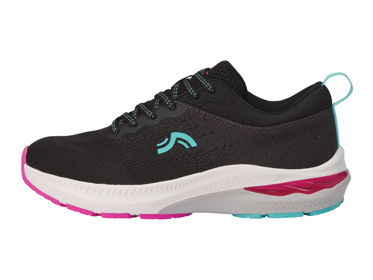Black and pink athletic shoe with teal accents on a white background.