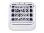 Top-down view of a white portable air cooler with a visible fan and grille.