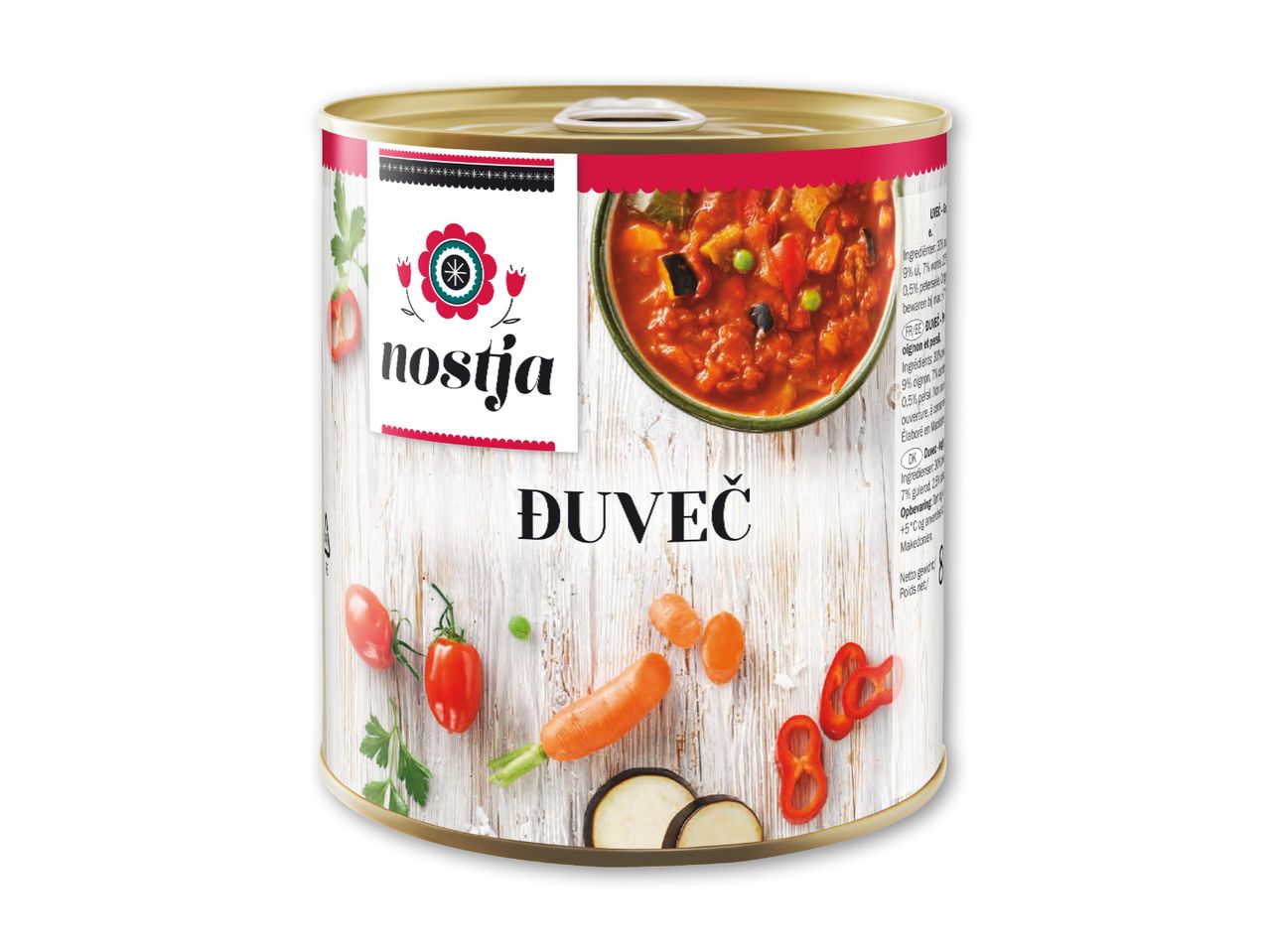 Dåse med duvec, en grøntsagsret med tomater, gulerødder og aubergine.