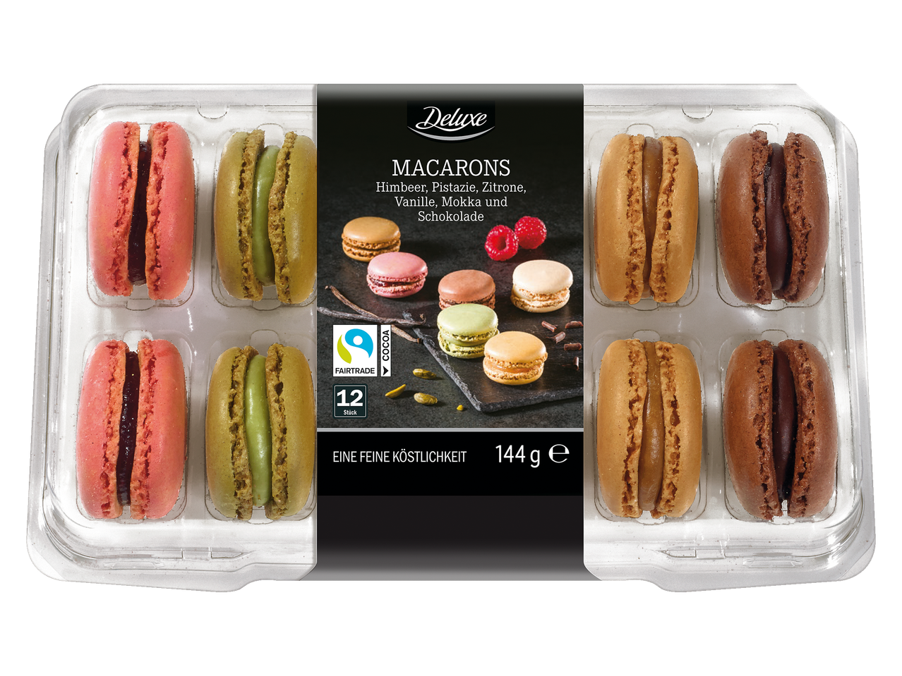 Deluxe Macarons in einer durchsichtigen Verpackung mit Himbeer-, Pistazie-, Zitrone-, Vanille-, Mokka- und Schokoladengeschmack.