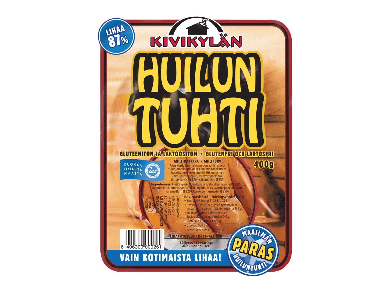 Gluteeniton ja laktoositon grillimakkara 400 g pakkauksessa.