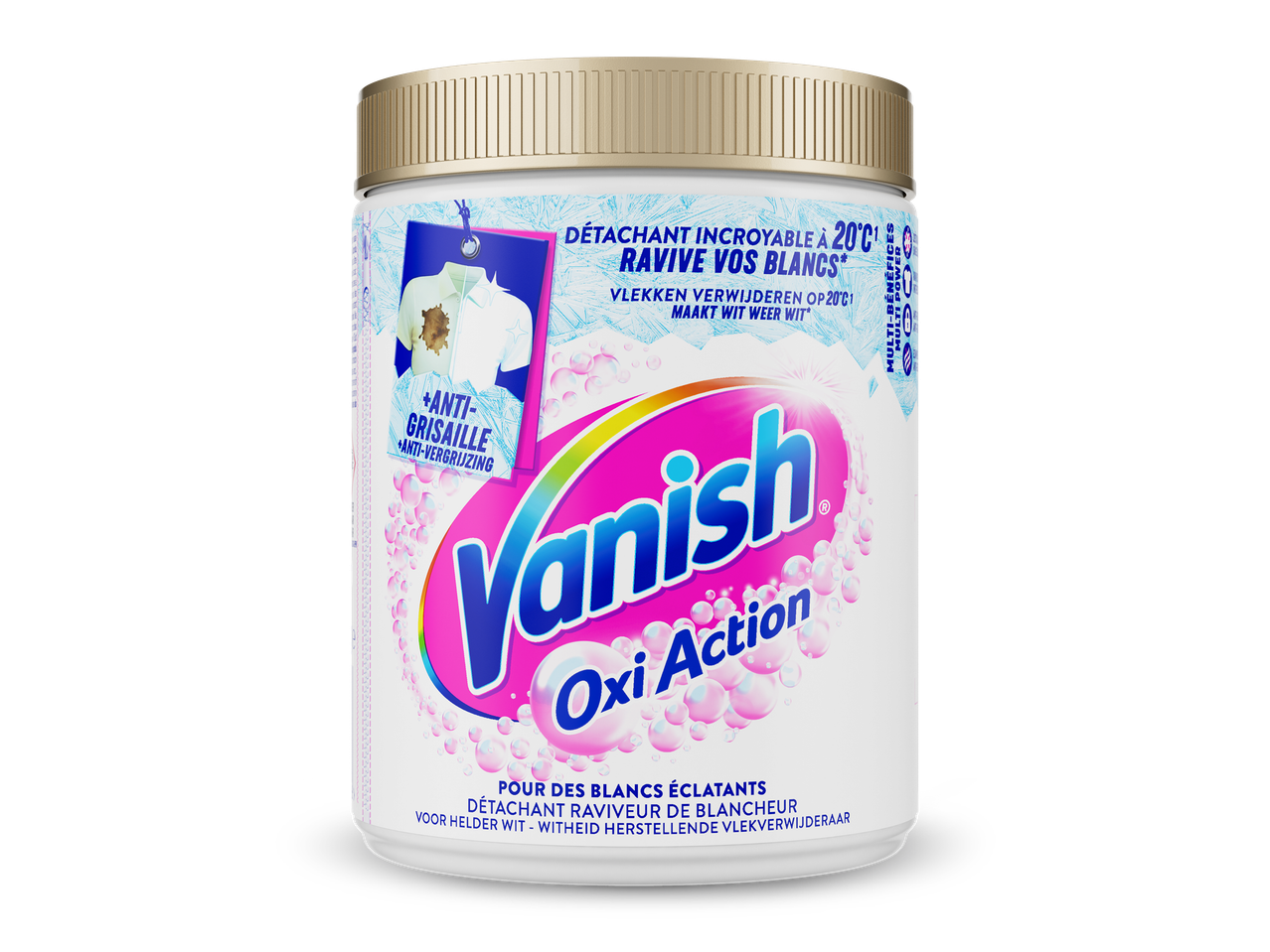 Wasmiddel voor witte was met vlekverwijderaar en anti-vergrijzingseffect.