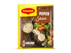 Verpakking voor pepersaus met een afbeelding van een biefstuk met saus, groenten en aardappelen.