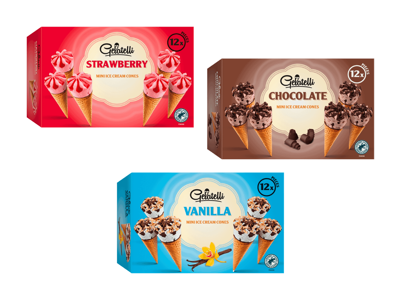 Drei Packungen Mini-Eiswaffeln in den Geschmacksrichtungen Erdbeere, Schokolade und Vanille.