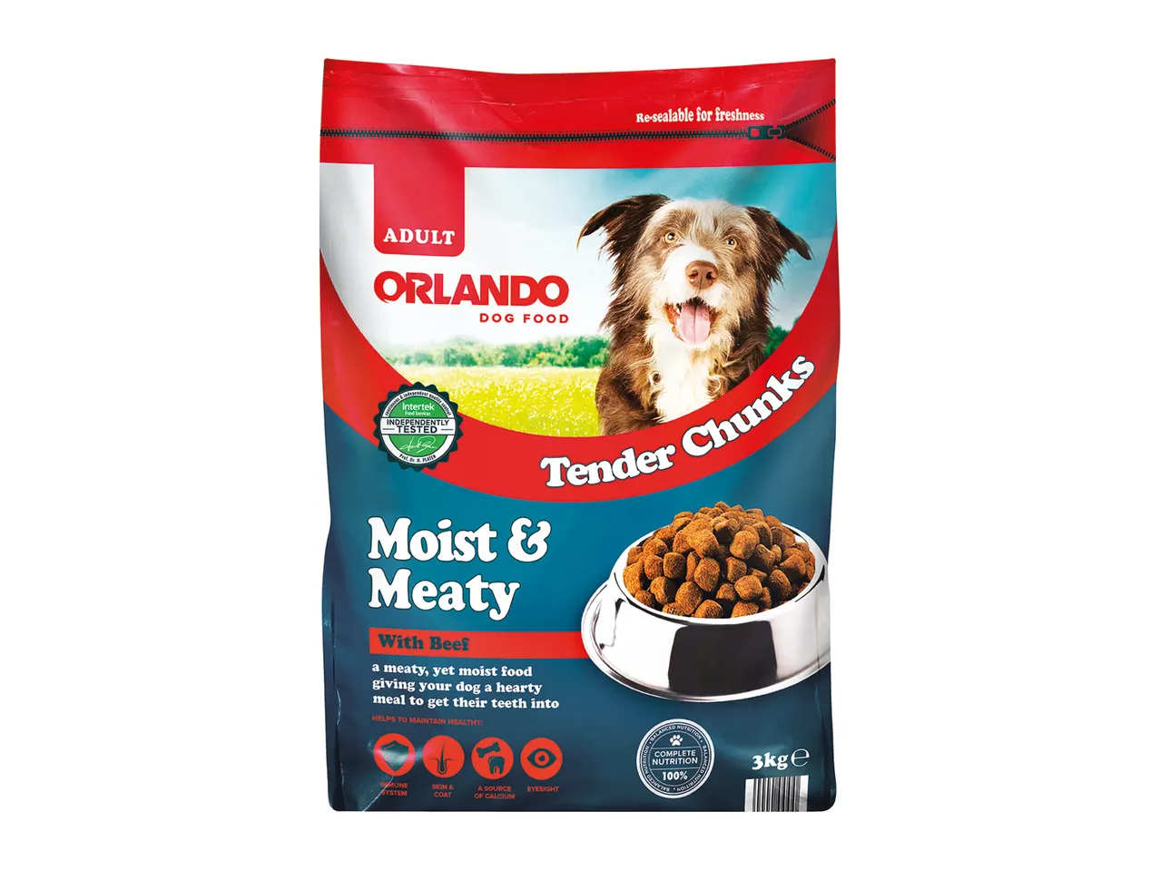 Orlando: adult dog food, moist & meaty beef tender chunks.
